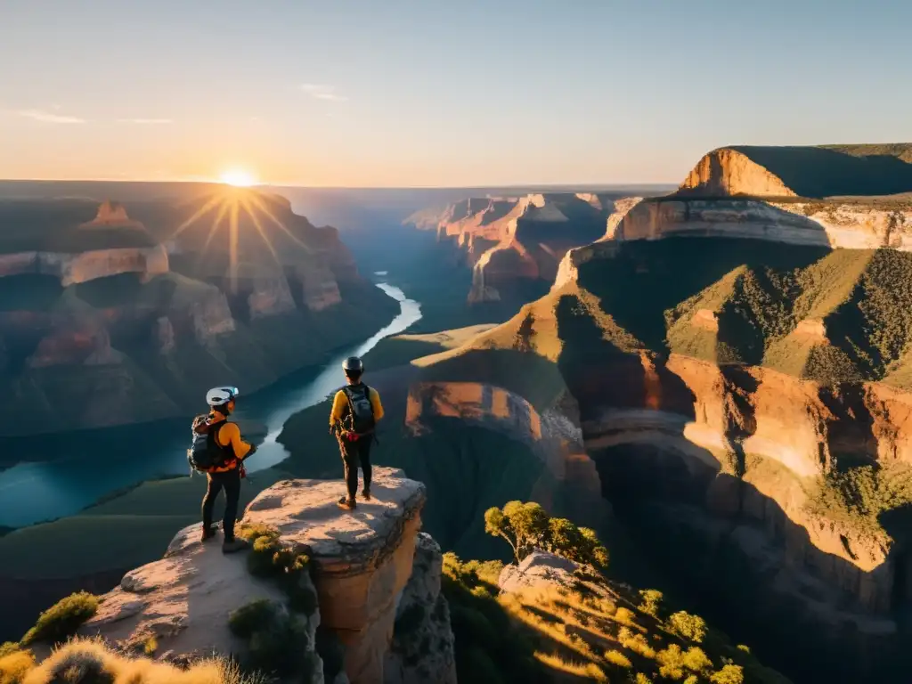 Grupo de turistas en el borde de un cañón al atardecer, disfrutando RV en turismo de aventura