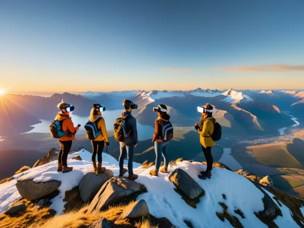 Grupo de viajeros en RV de aventura disfrutando de un atardecer en la montaña