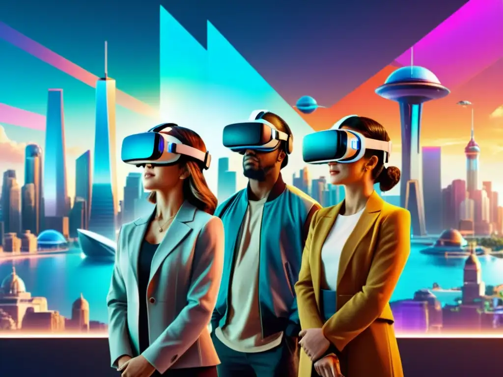 Grupo disfruta de viajes en el tiempo con realidad virtual en ciudad futurista llena de historia holográfica