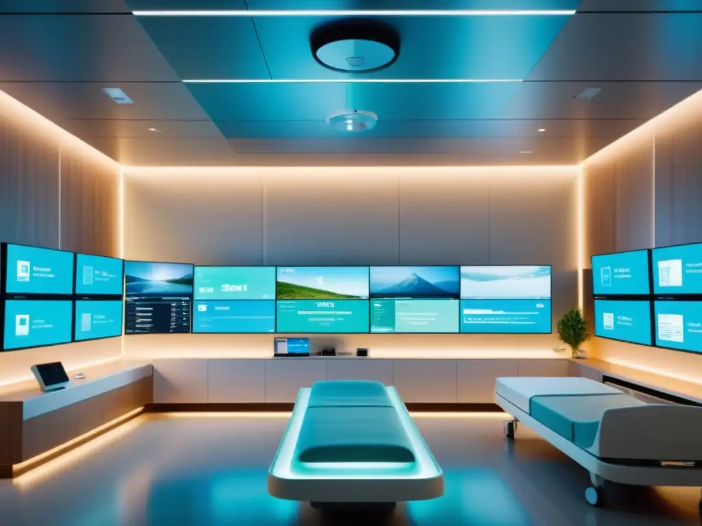 Habitación hospitalaria futurista con tecnología médica avanzada Una habitación futurista de hospital con monitorización remota de pacientes con IA integrada, bañada en suave luz natural y ambiente tranquilo