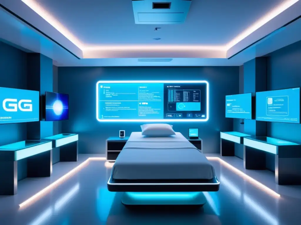 Una habitación hospitalaria futurista con pantallas holográficas mostrando registros electrónicos de salud 5G, en una atmósfera tranquila y moderna