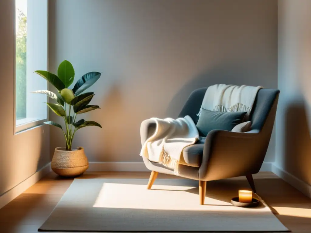 Una habitación serena con un sillón acogedor, iluminada por luz natural