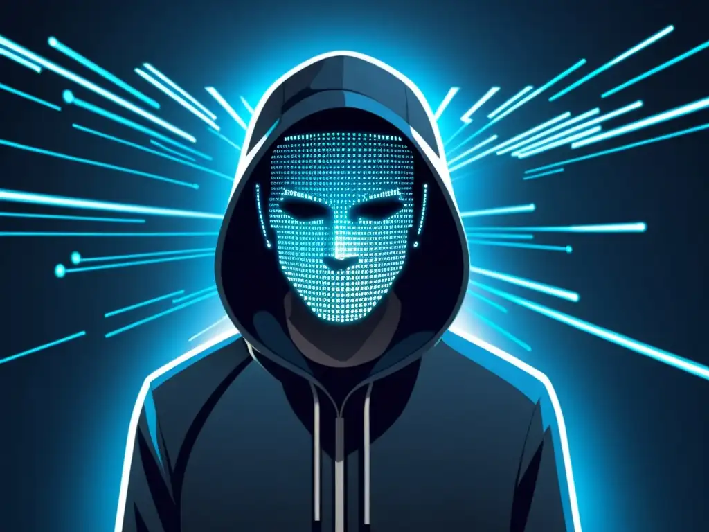 Un hacker en la oscuridad, rodeado de código y números binarios, con un aire de peligro