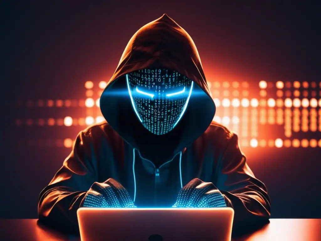 Un hacker en la penumbra frente a una pantalla brillante con códigos binarios