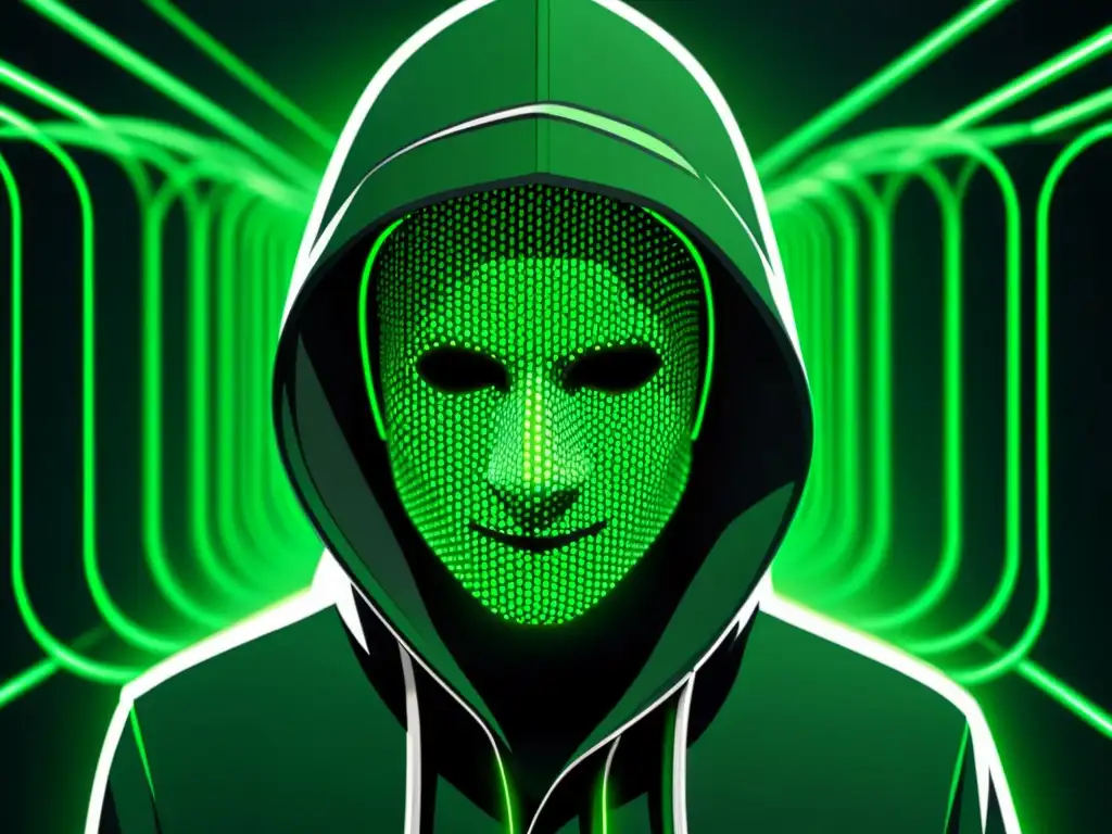 Un hacker en la penumbra, líneas de código verdes en el fondo