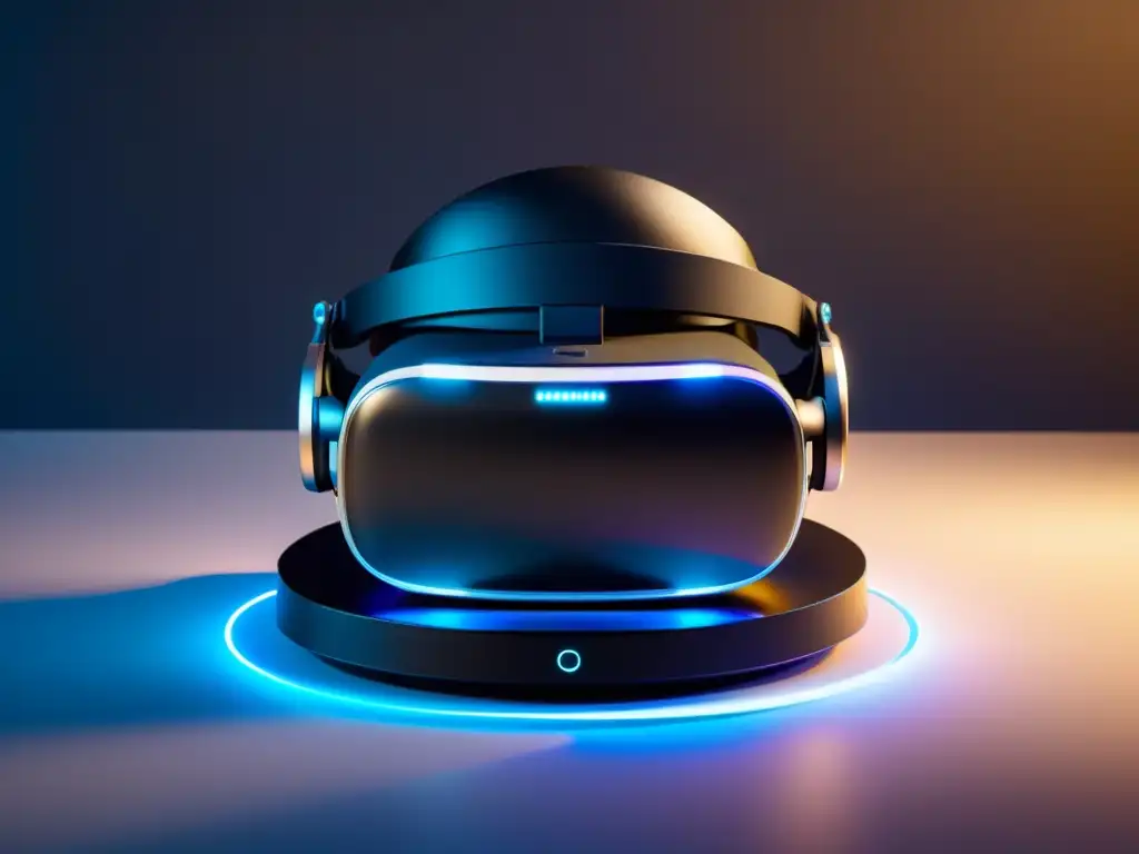 Un headset de realidad virtual descansa en un elegante dock de carga inalámbrico, iluminado por una suave luz ambiental