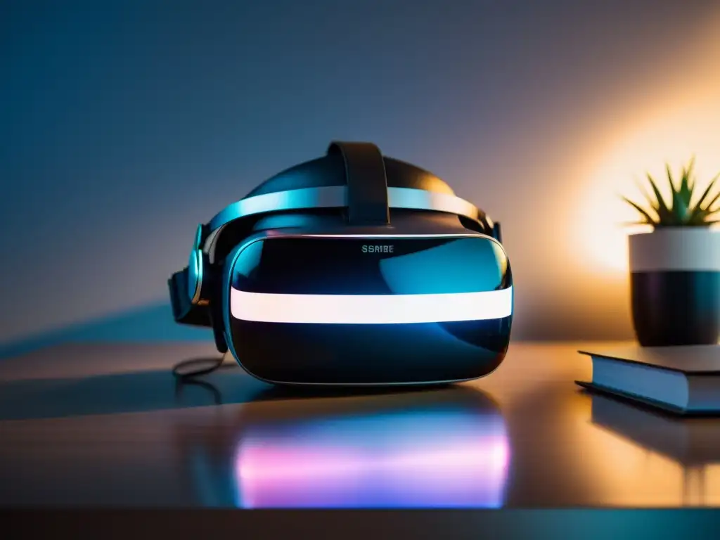 Un headset de realidad virtual descansando sobre un escritorio moderno, iluminado por un suave resplandor