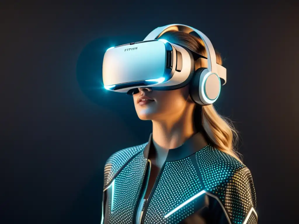 Un headset de realidad virtual futurista con detalles metálicos, rodeado de patrones geométricos que evocan el mundo digital