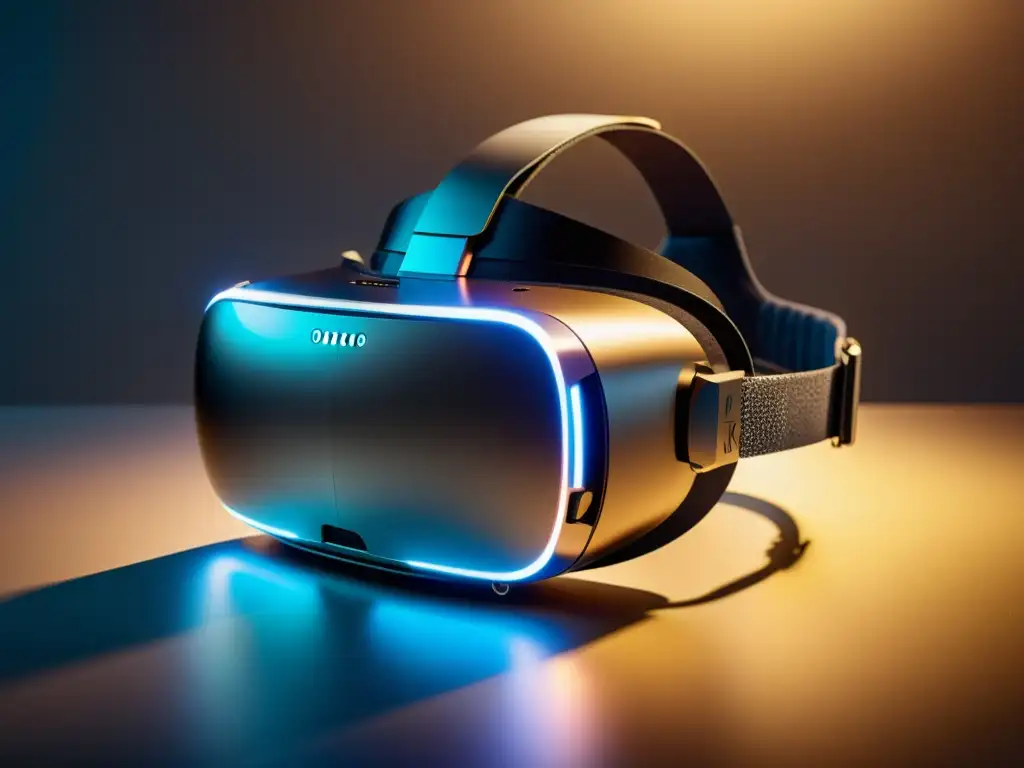 Un headset de realidad virtual iluminado por una luz ambiental, detallado y futurista