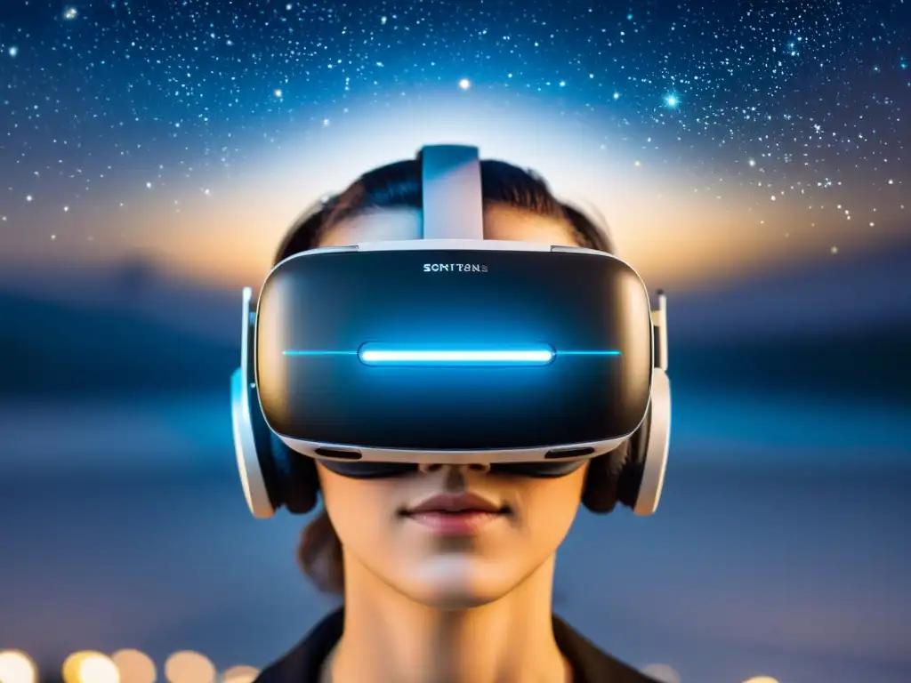 Un headset de realidad virtual en diseño minimalista negro, con acentos metálicos, iluminado por un resplandor etéreo, contra un cielo estrellado