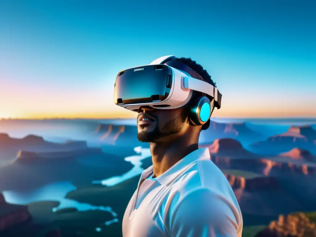 Un headset de realidad virtual suspendido en un paisaje vibrante y etéreo, evocando el impacto de la realidad virtual