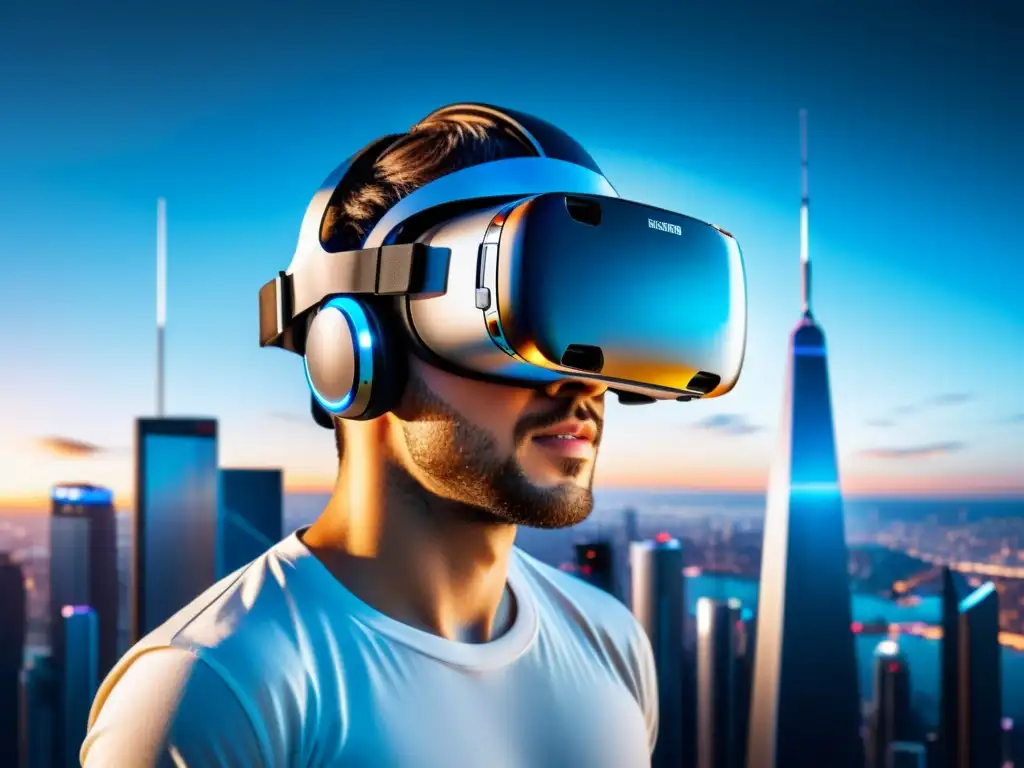 Un headset de realidad virtual suspendido en el aire con una ciudad futurista reflejada en su visor