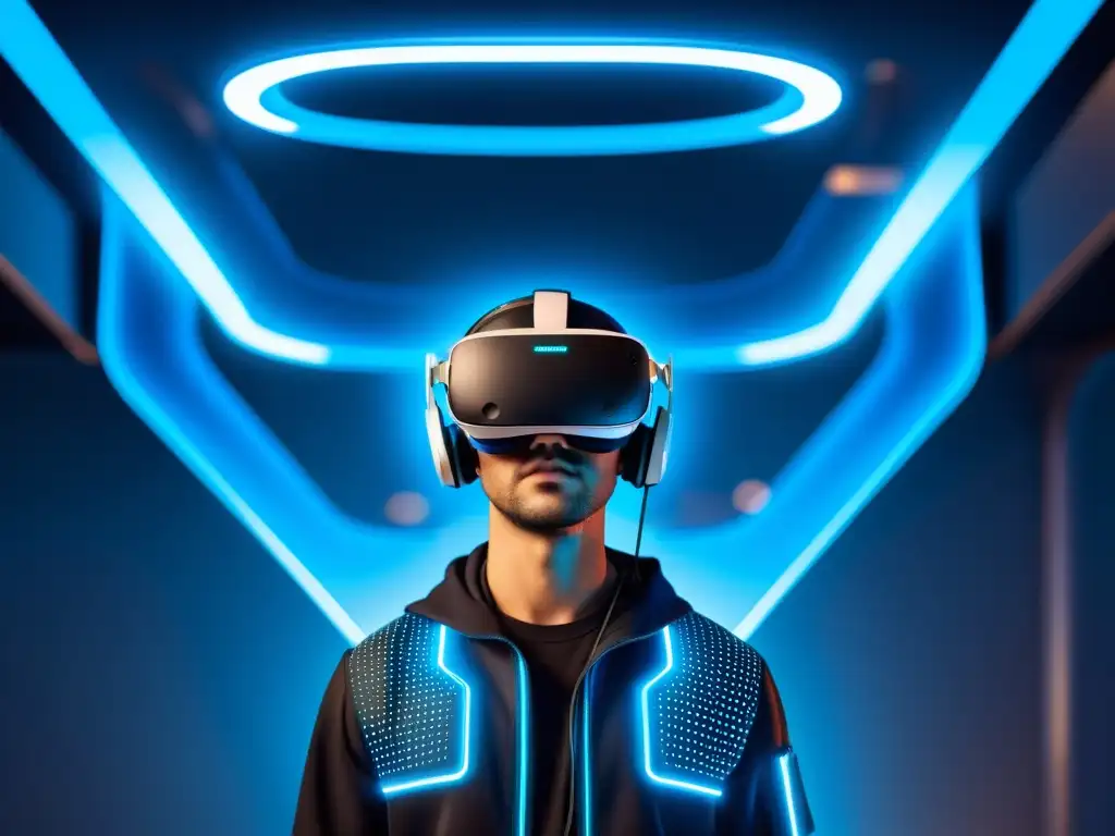 Un headset de realidad virtual suspendido en el aire con luces azules, tecnología avanzada y fondo futurista