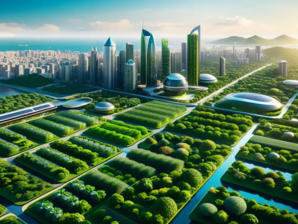 Hermosa ciudad futurista con tecnologías sostenibles integradas en armonía con la naturaleza