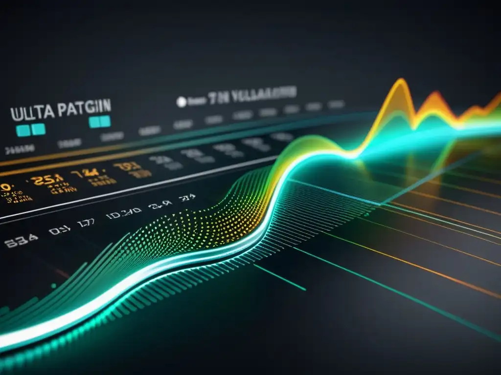 Una herramienta de visualización de datos masivos con diseño futurista y patrones de datos intrincados en contraste con un fondo oscuro