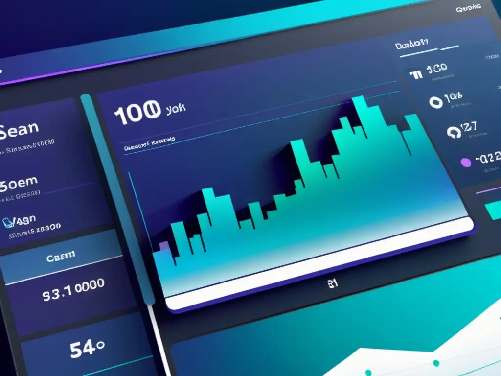 Herramientas avanzadas visualización datos: Futurista dashboard con gráficos dinámicos en indigo y teal, transmitiendo innovación y tecnología avanzada