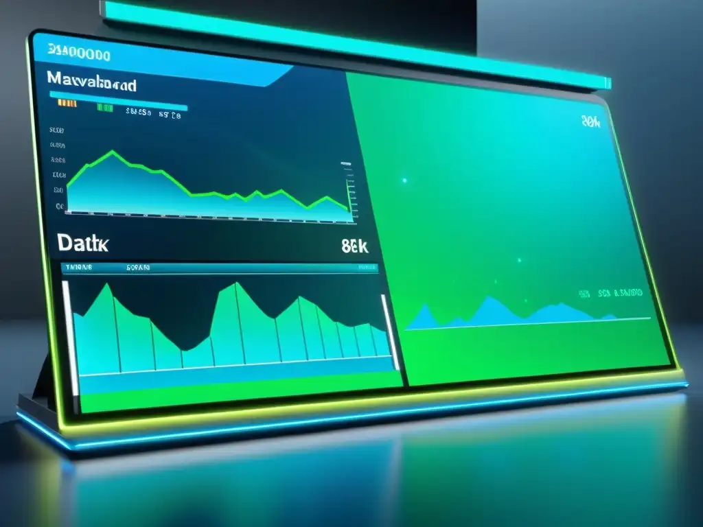 Herramientas avanzadas visualización datos: Futurista panel de visualización de datos en holograma con diseño minimalista y vibrantes representaciones