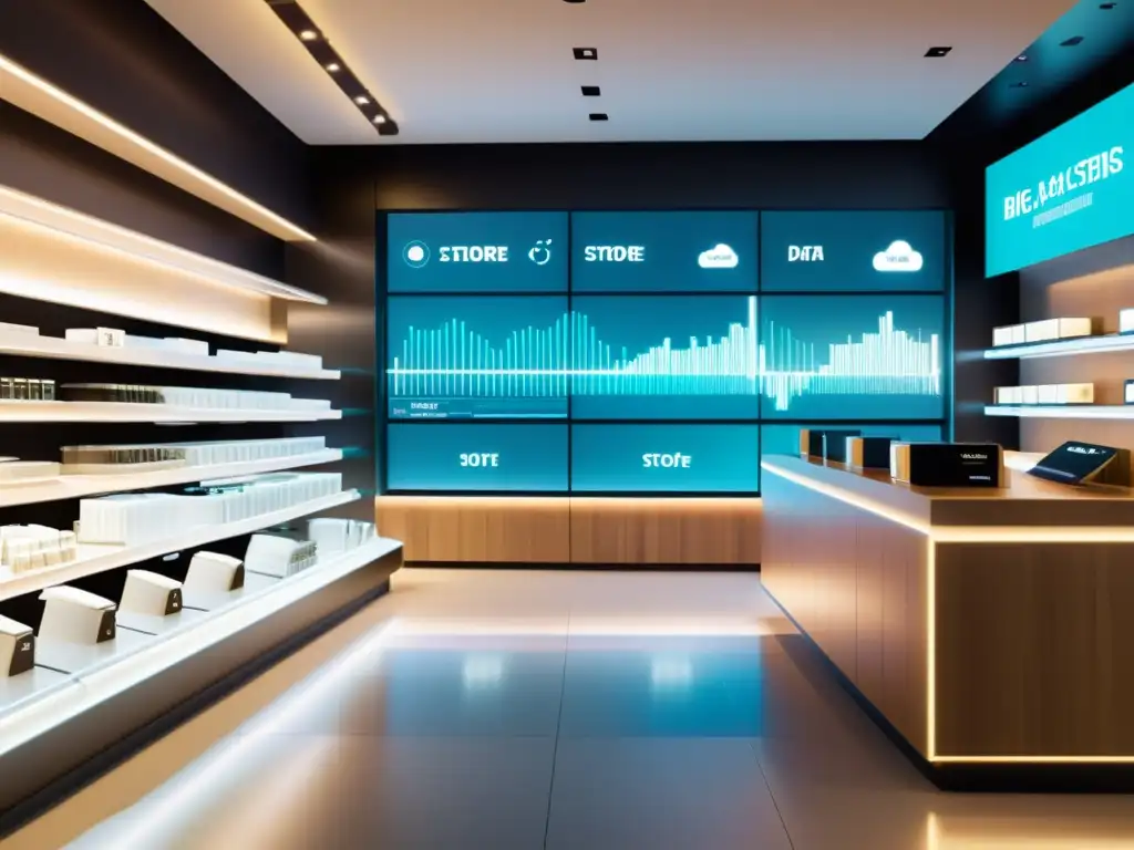 Herramientas de Big Data para Retailers: Interior futurista de tienda, bañada en luz cálida, con datos y análisis integrados en un estilo minimalista