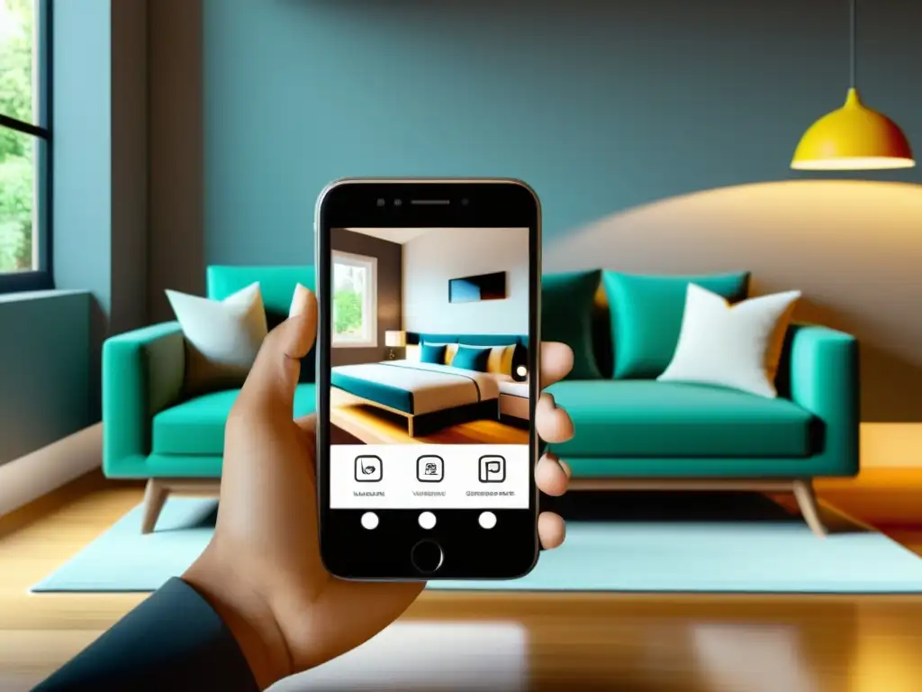 Herramientas de RA para personalización: Smartphone minimalista con app de realidad aumentada que muestra muebles virtuales en una sala real