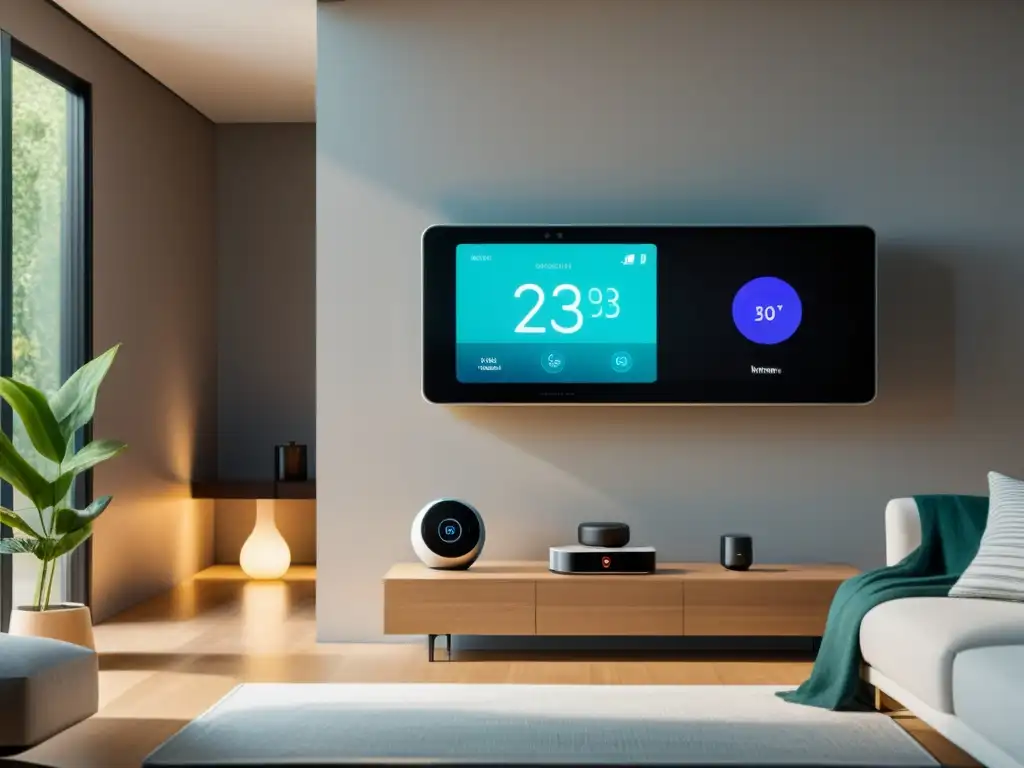 Hogar inteligente conectado: IoT en la vida diaria Un hogar inteligente moderno con dispositivos interconectados, reflejando la sinergia del 5G en IoT en un ambiente elegante y minimalista