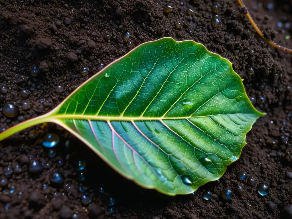 Una hoja iridiscente reposa sobre la tierra oscura, brillando con gotas de agua