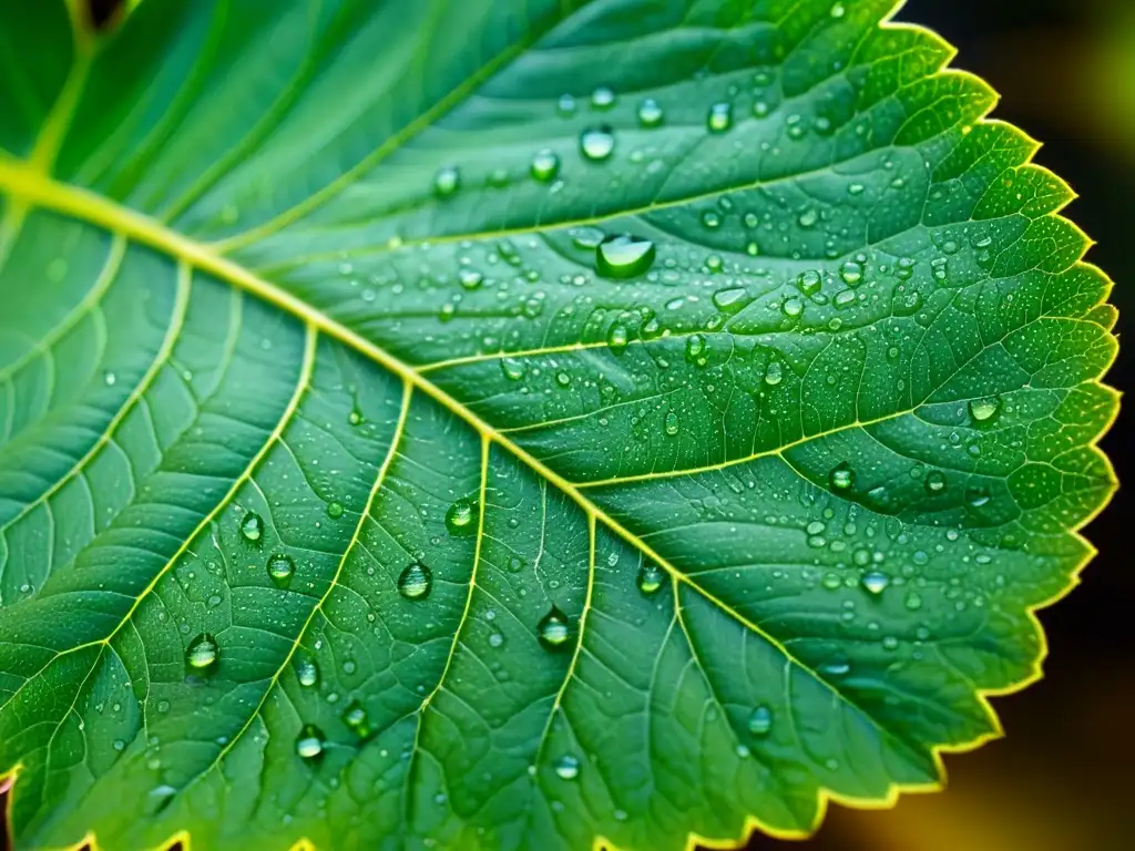 Una hoja verde sana con delicadas venas y gotas de agua