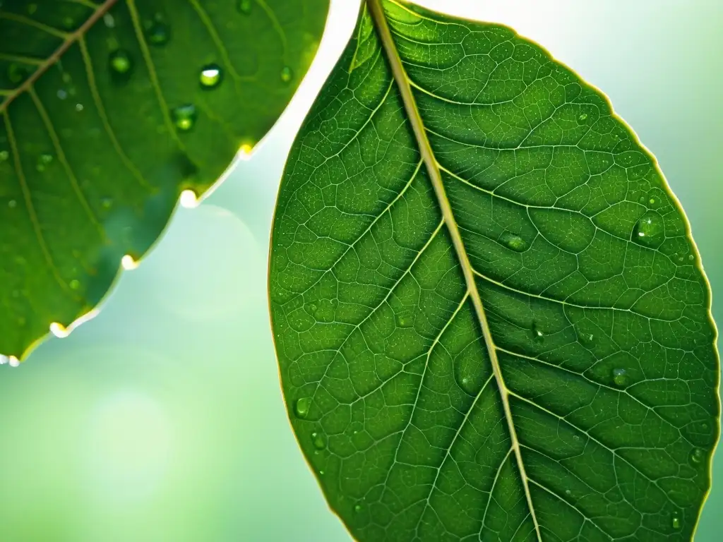 Una hoja verde vibrante con gotas de agua brillantes en primer plano