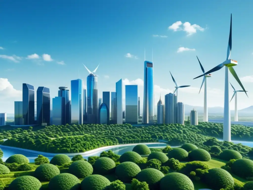 Horizonte de ciudad futurista con energías renovables integradas, rodeada de naturaleza