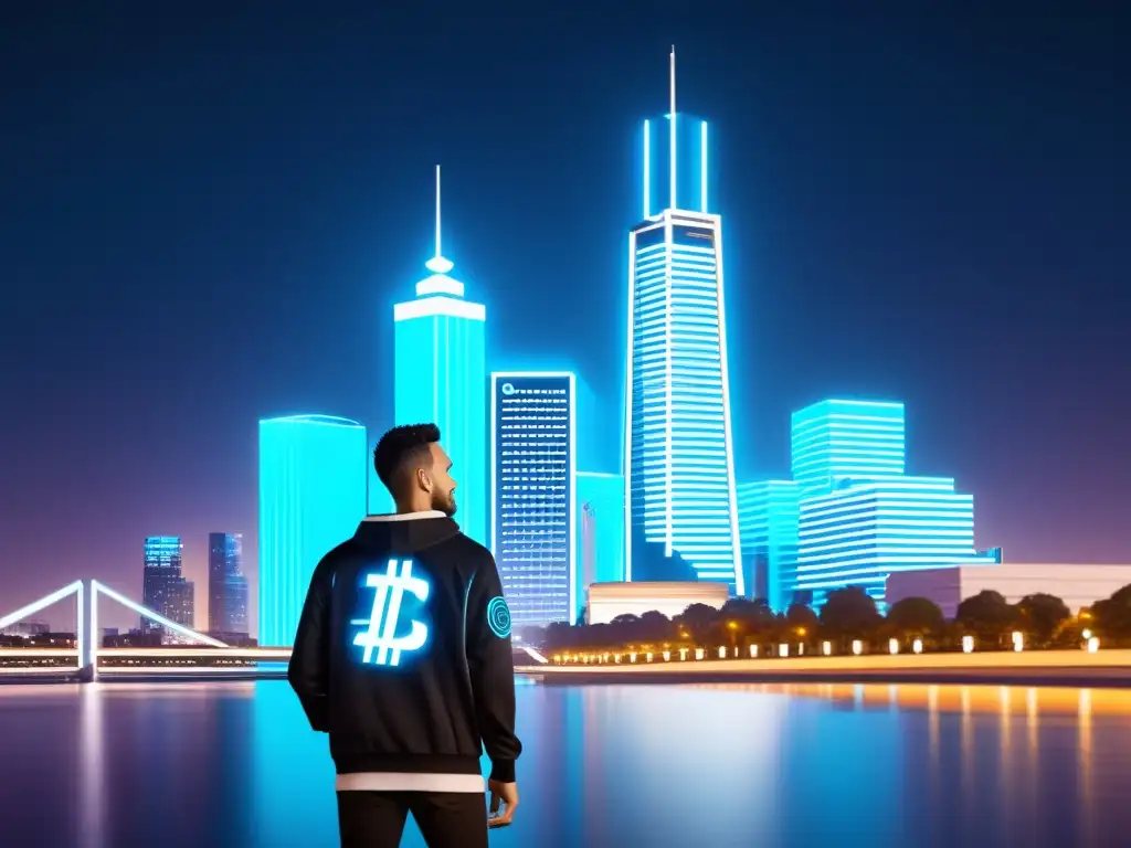 Cityscape cripto-futurista: símbolos digitales en la arquitectura Un horizonte futurista de criptomonedas, tecnología y emprendimiento, iluminado con un neón azul fresco