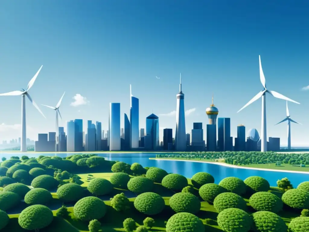 Horizonte futurista con energías renovables integradas, rodeado de vegetación exuberante