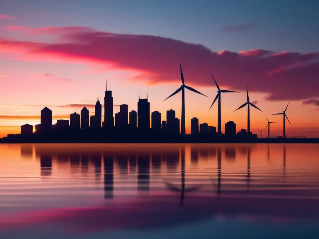 Horizonte urbano al atardecer con siluetas de edificios y turbinas eólicas