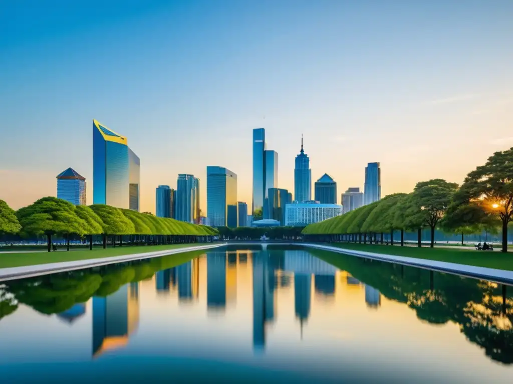 Un horizonte urbano de cristal reflejando el atardecer dorado, contrastado con un cielo azul