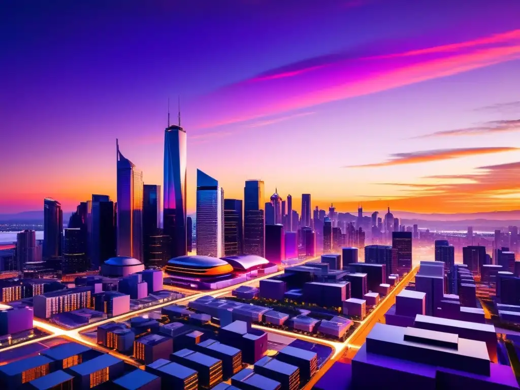 Horizonte urbano futurista con energía renovable integrada y edificios eficientes, iluminados con cálida luz al atardecer