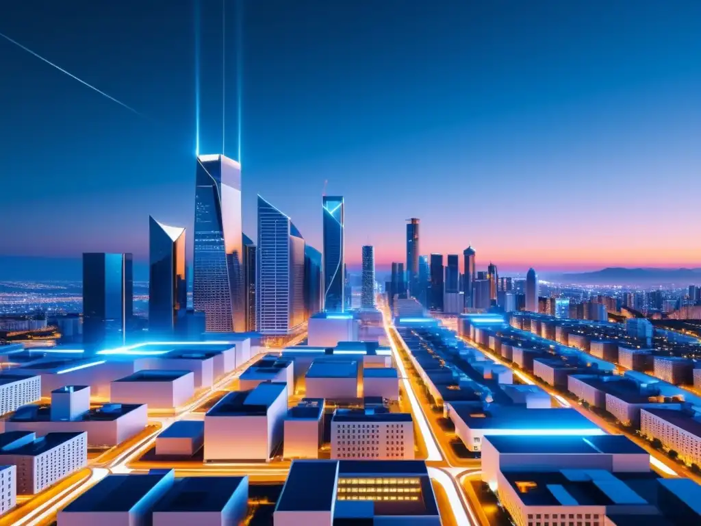 Un horizonte urbano futurista y minimalista al anochecer, con edificios energéticamente eficientes conectados por líneas translúcidas, simbolizando la integración de la tecnología blockchain en el sector energético