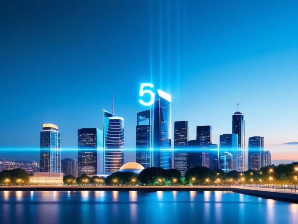 Horizonte urbano de noche con ondas 5G integradas, creando un ambiente futurista
