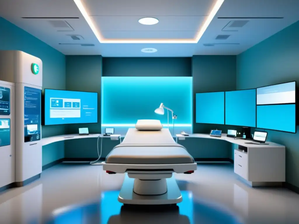 Un hospital de emergencias futurista con tecnología de telesalud 5G, monitores y diseño minimalista, bañado en luz calmante