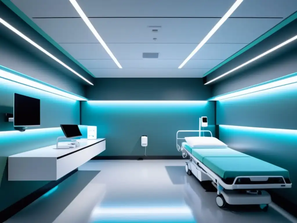 Implementación de IA en gestión hospitalaria: Interior hospitalario minimalista con tecnología médica futurista y sistemas de monitoreo inteligente