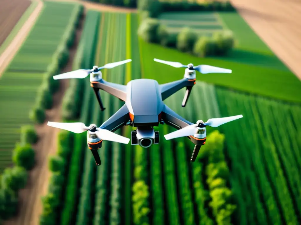 Dron agrícola con IA sobrevolando un campo exuberante y cultivado con precisión, fusionando tecnología y naturaleza