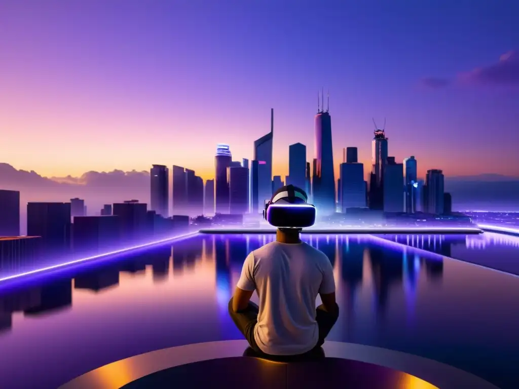 Aprender idiomas con realidad virtual: una ciudad futurista reflejada en un atardecer lavanda, con una figura usando un visor VR