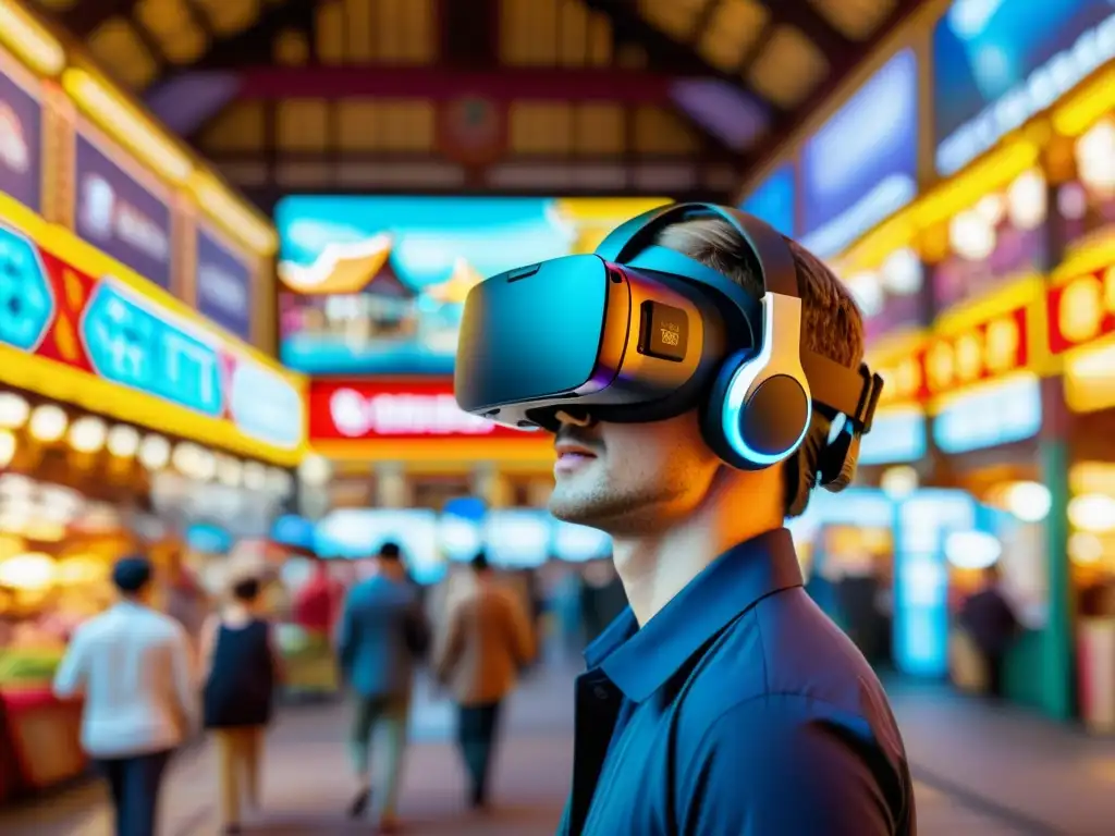 Aprender idiomas con realidad virtual: Persona inmersa en mercado extranjero, concentrada y emocionada con visor de realidad virtual