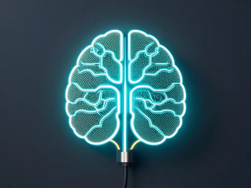 Una ilustración abstracta y minimalista de un cerebro compuesto por circuitos interconectados, con nodos brillantes representando la integración de algoritmos de IA compasiva en la atención psiquiátrica