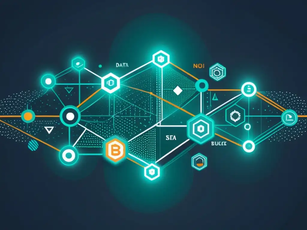 Una ilustración abstracta y minimalista de una frontera digital con elementos de blockchain, representando la intersección de la tecnología y las regulaciones en un estilo futurista y sofisticado