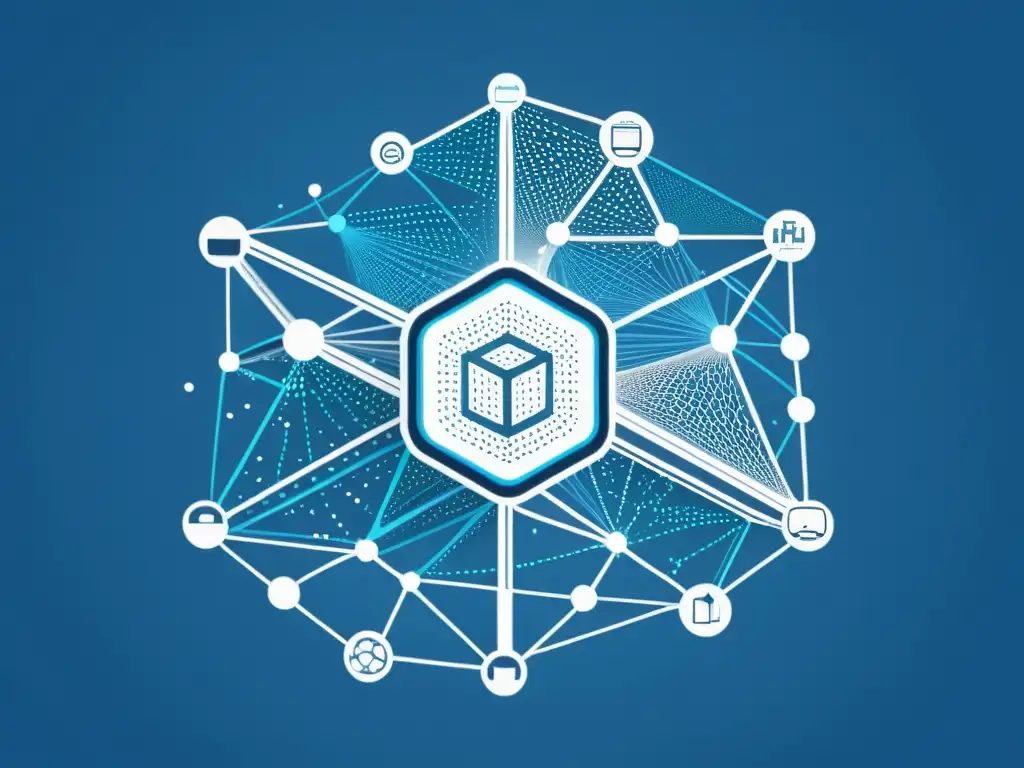 Una ilustración detallada en tonos azules y blancos de una compleja red blockchain, transmitiendo seguridad y transparencia