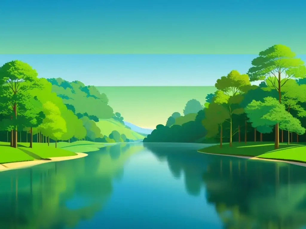 Una ilustración digital serena y minimalista de un río tranquilo que fluye a través de un frondoso bosque verde, reflejando el cielo azul