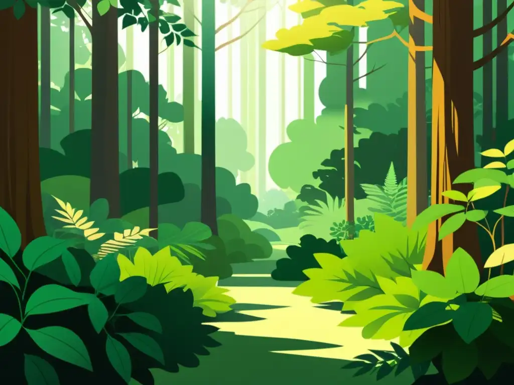 Una ilustración digital serena y minimalista de un exuberante bosque verde con árboles imponentes y una vibrante variedad de plantas