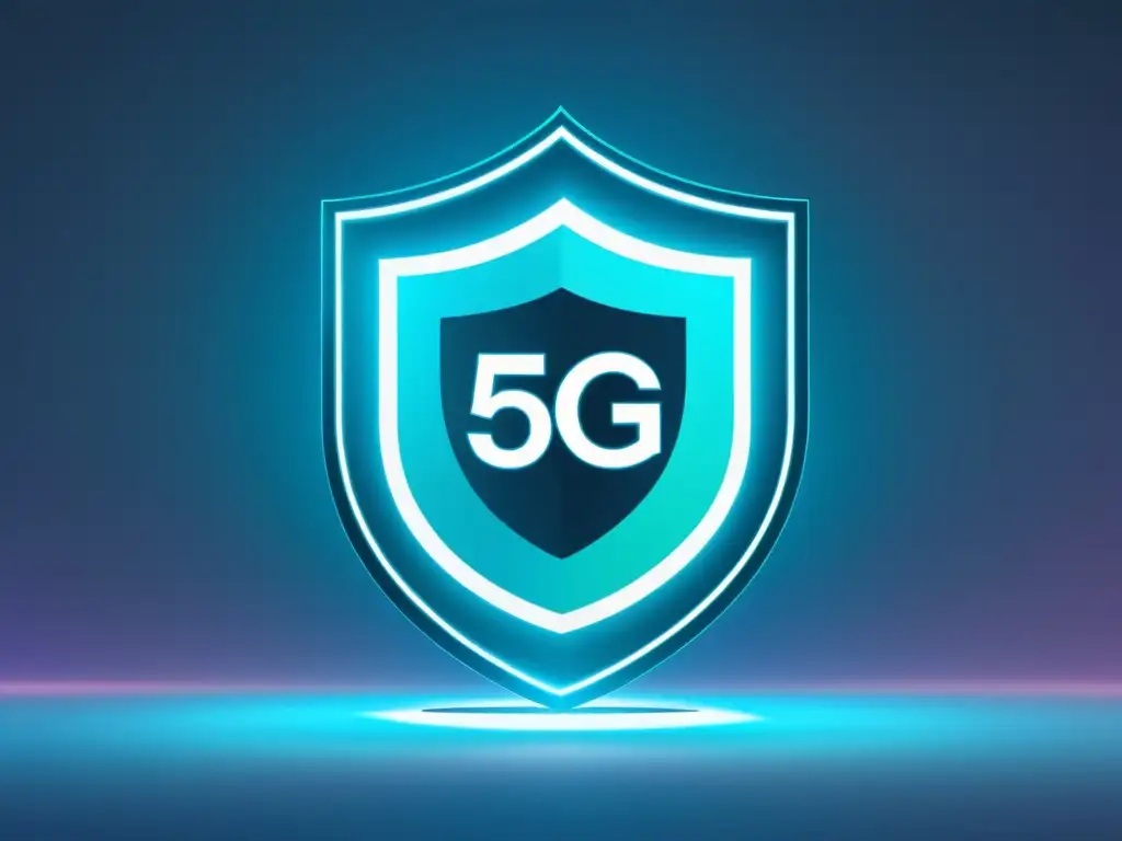 Una ilustración futurista y minimalista de una torre 5G rodeada por un escudo de seguridad digital, con líneas limpias y una paleta de colores fresca