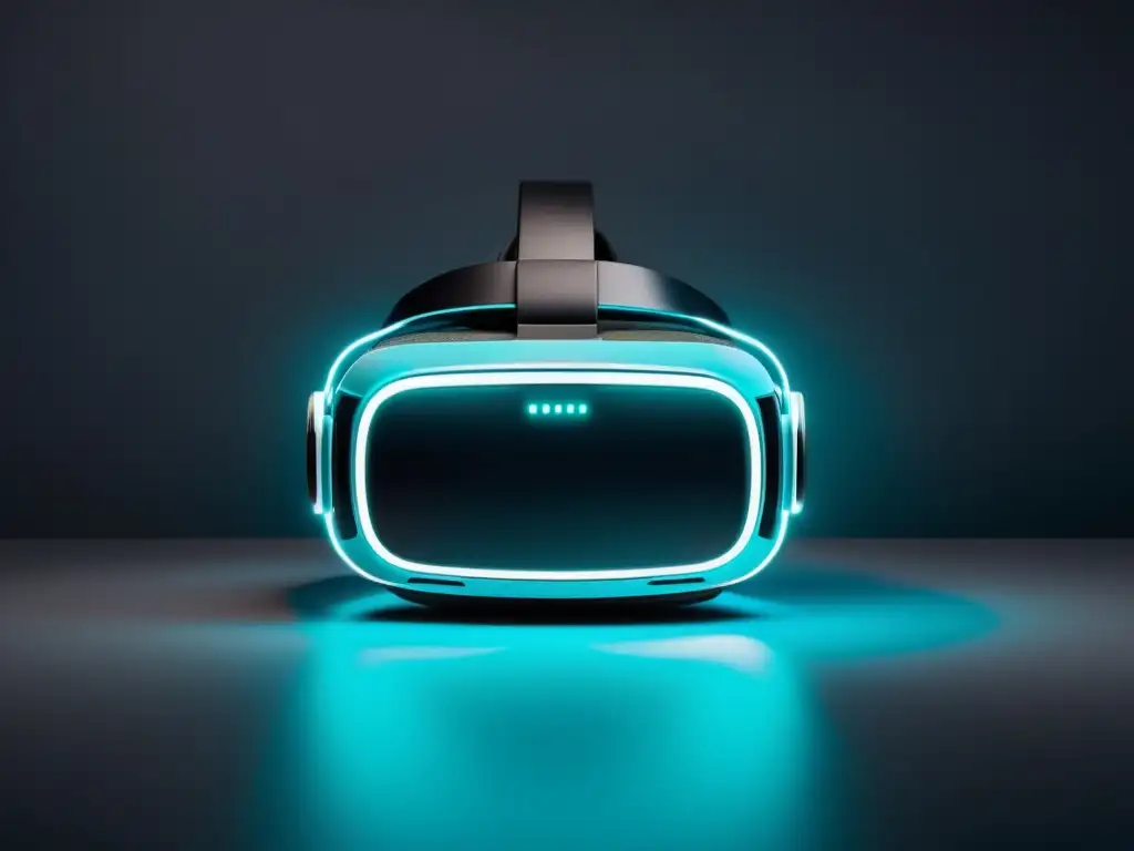 Una ilustración minimalista de un auricular de realidad virtual en un entorno futurista oscuro con luces de neón, capturando la esencia de las tecnologías emergentes en la ludificación en el marketing digital