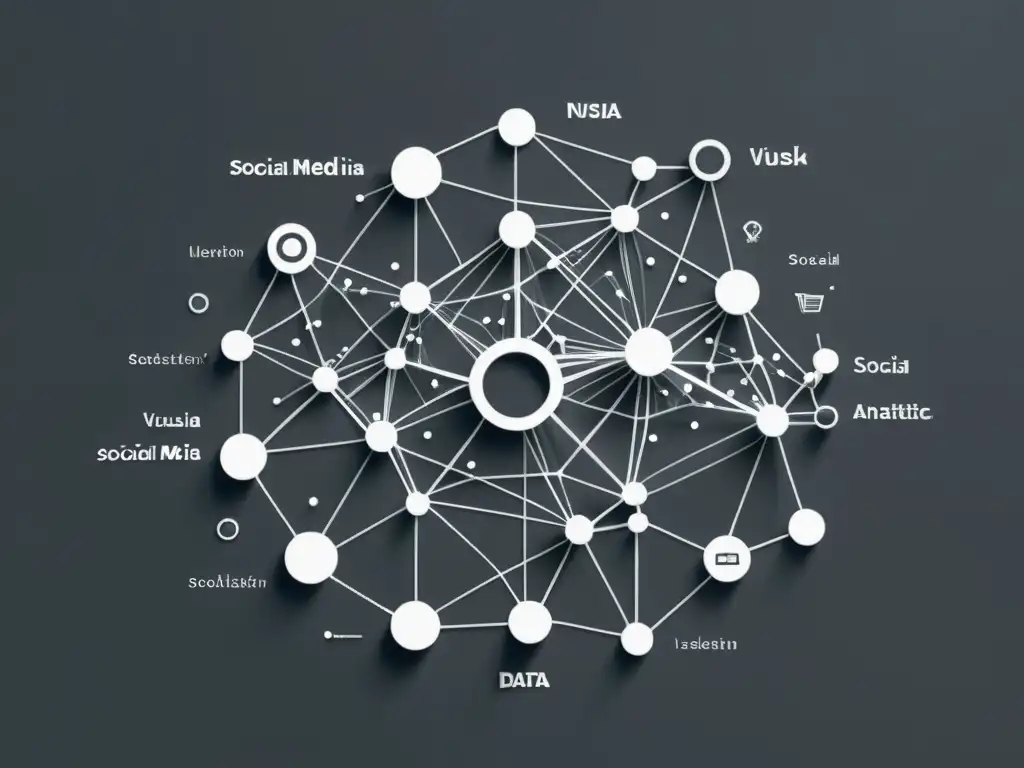 Una ilustración minimalista en blanco y negro representa una red social interconectada, con formas geométricas y visualizaciones de datos