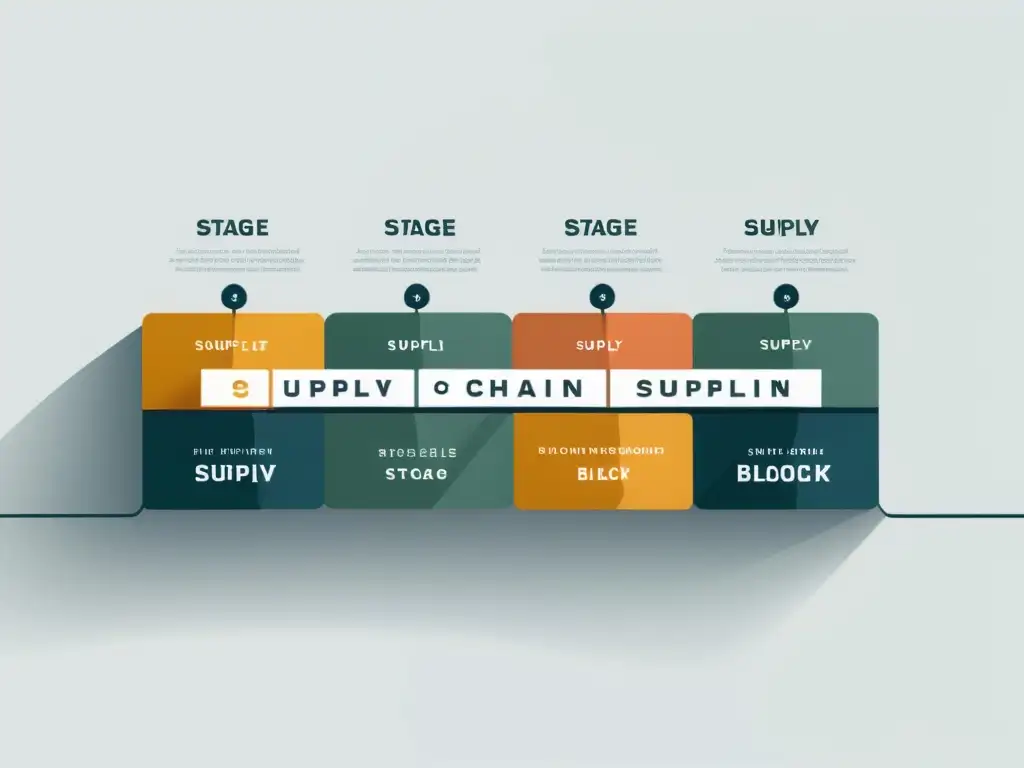 Una ilustración minimalista de una cadena de bloques interconectados, detallando las etapas del proceso de la cadena de suministros blockchain