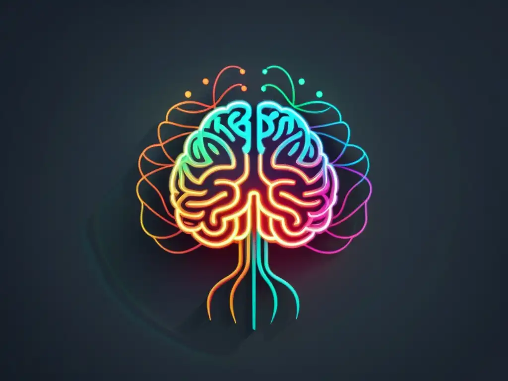 Una ilustración minimalista de un cerebro con redes neuronales interconectadas, resplandeciendo con colores vibrantes que representan datos y algoritmos de IA, rodeada de una aura tranquila y relajante